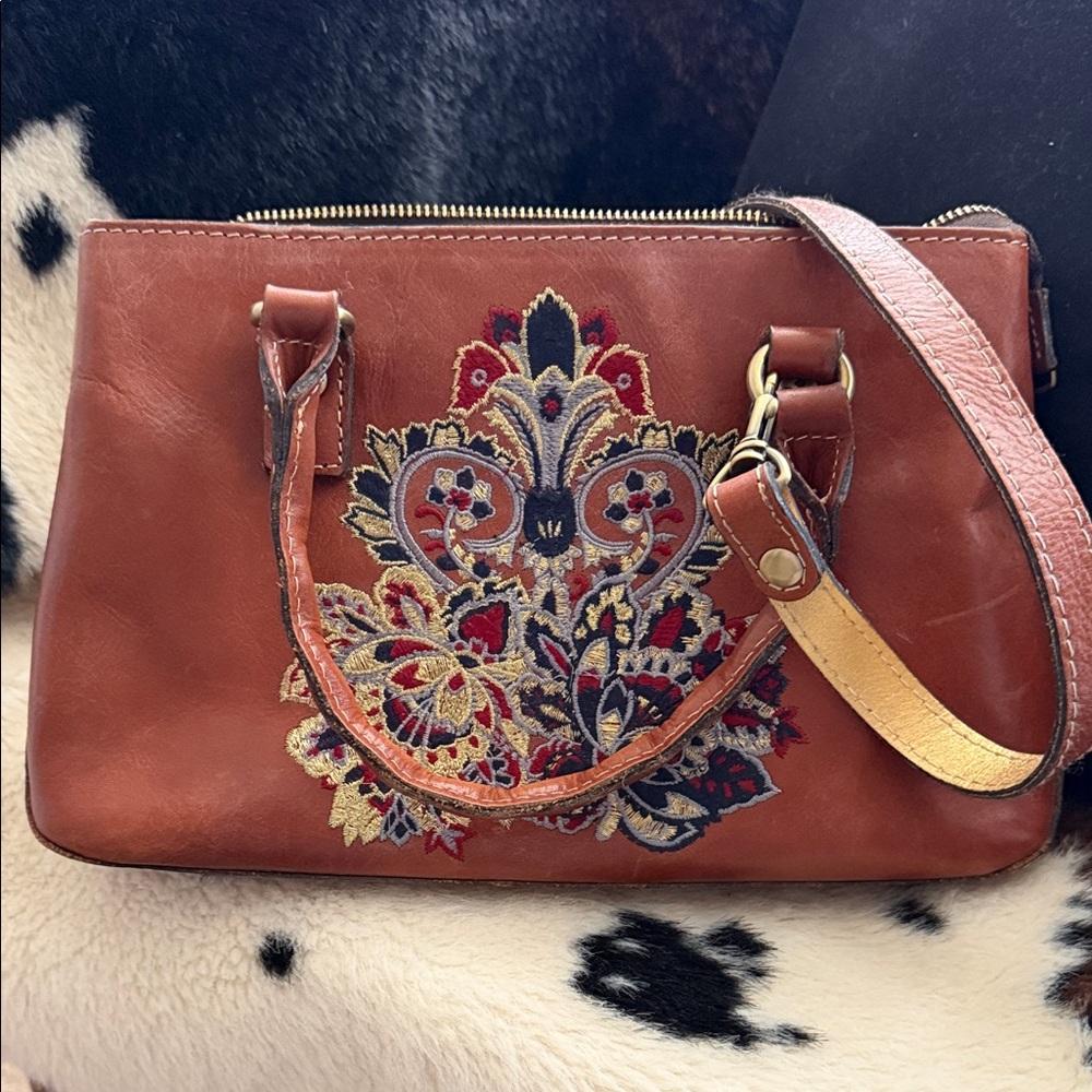 Patricia Nash Tan Leather Satchel with Embroidery